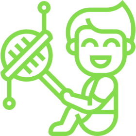 Smiling character holding a sci-fi gadget